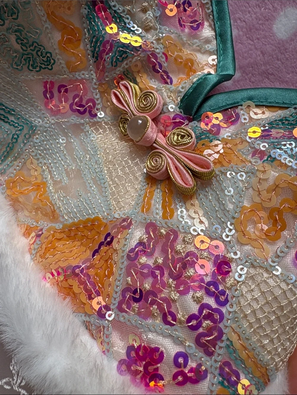 New year Embellished Satin & Faux Fur Pet Hooded Coat - Pink Multicolor